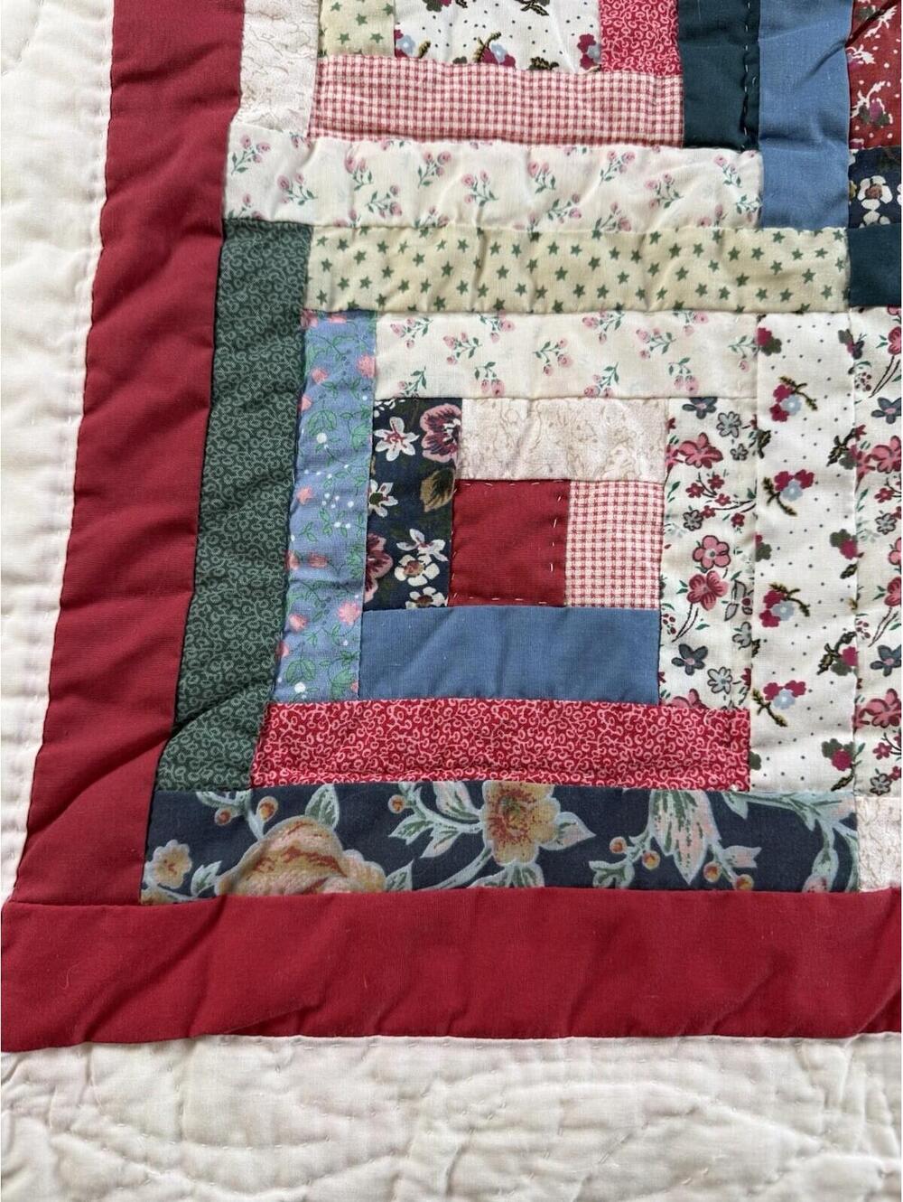 Vintage Log Cabin Quilt Wall Hanging Handmade Floral Patchwork 60x48 Cottagecore - Picture 4 of 9